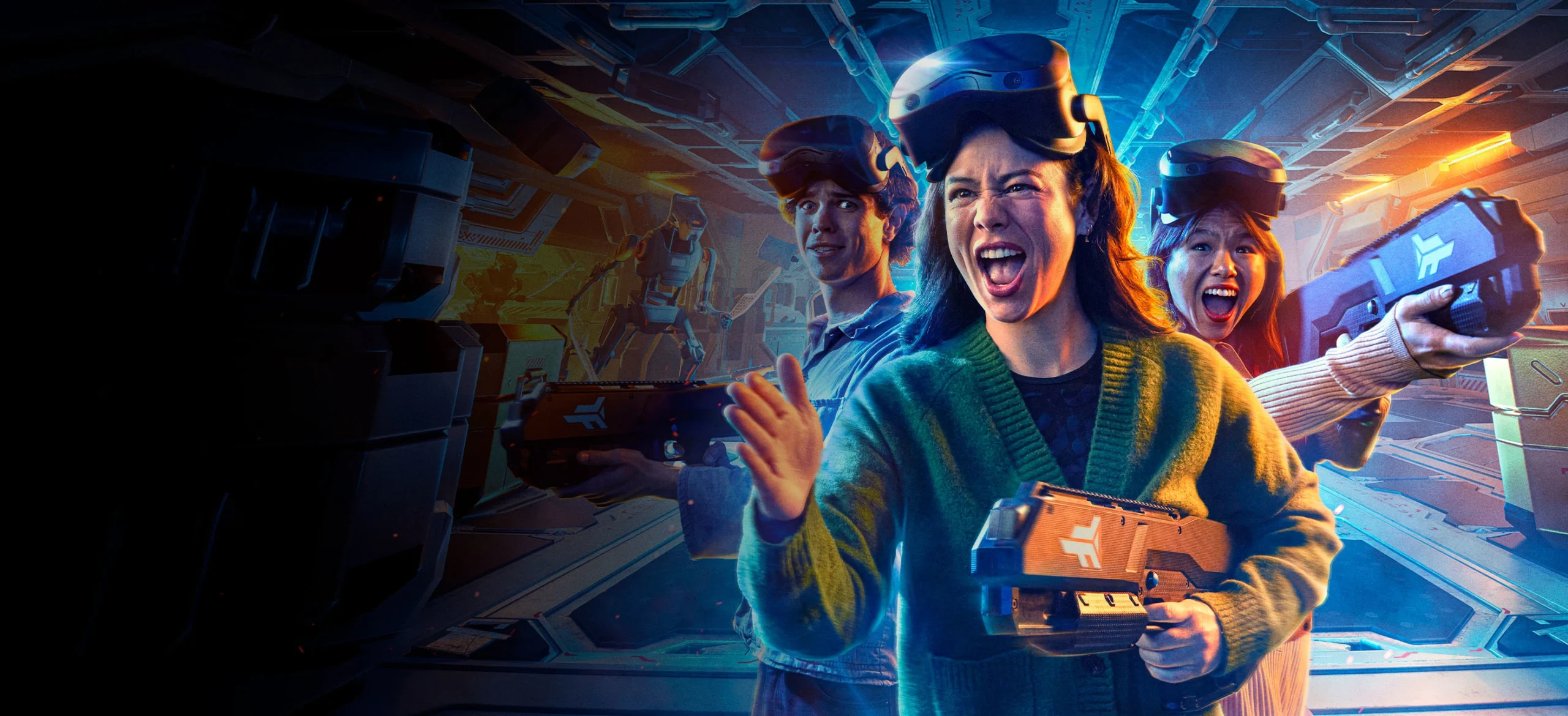 A group of players reacting inside the VR arena